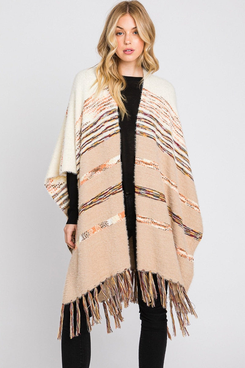 MS0324 Hazel Striped Fringe Ruana - MiMi Wholesale