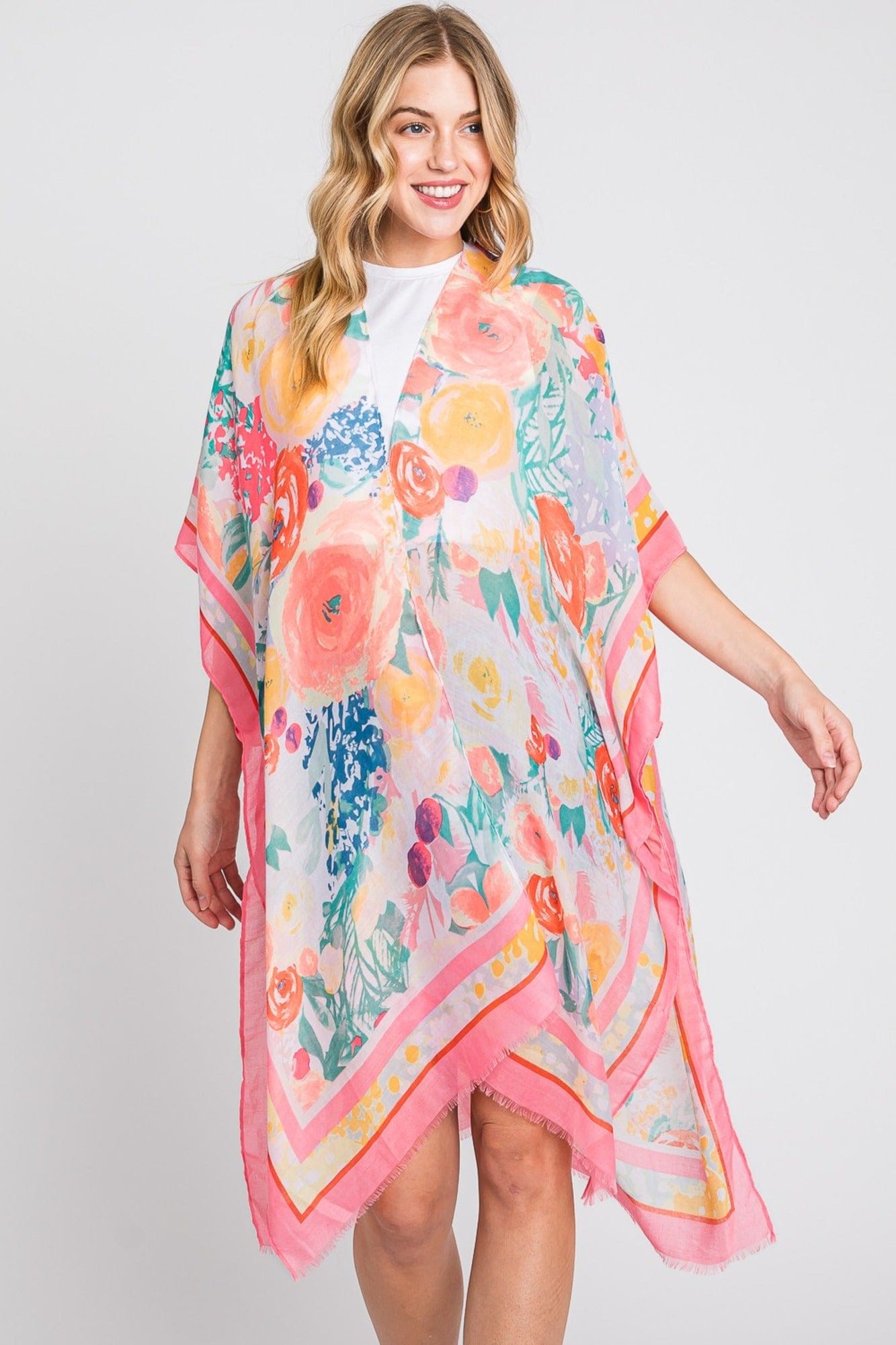 Pink-Multi Watercolor Floral Kimono main image 0