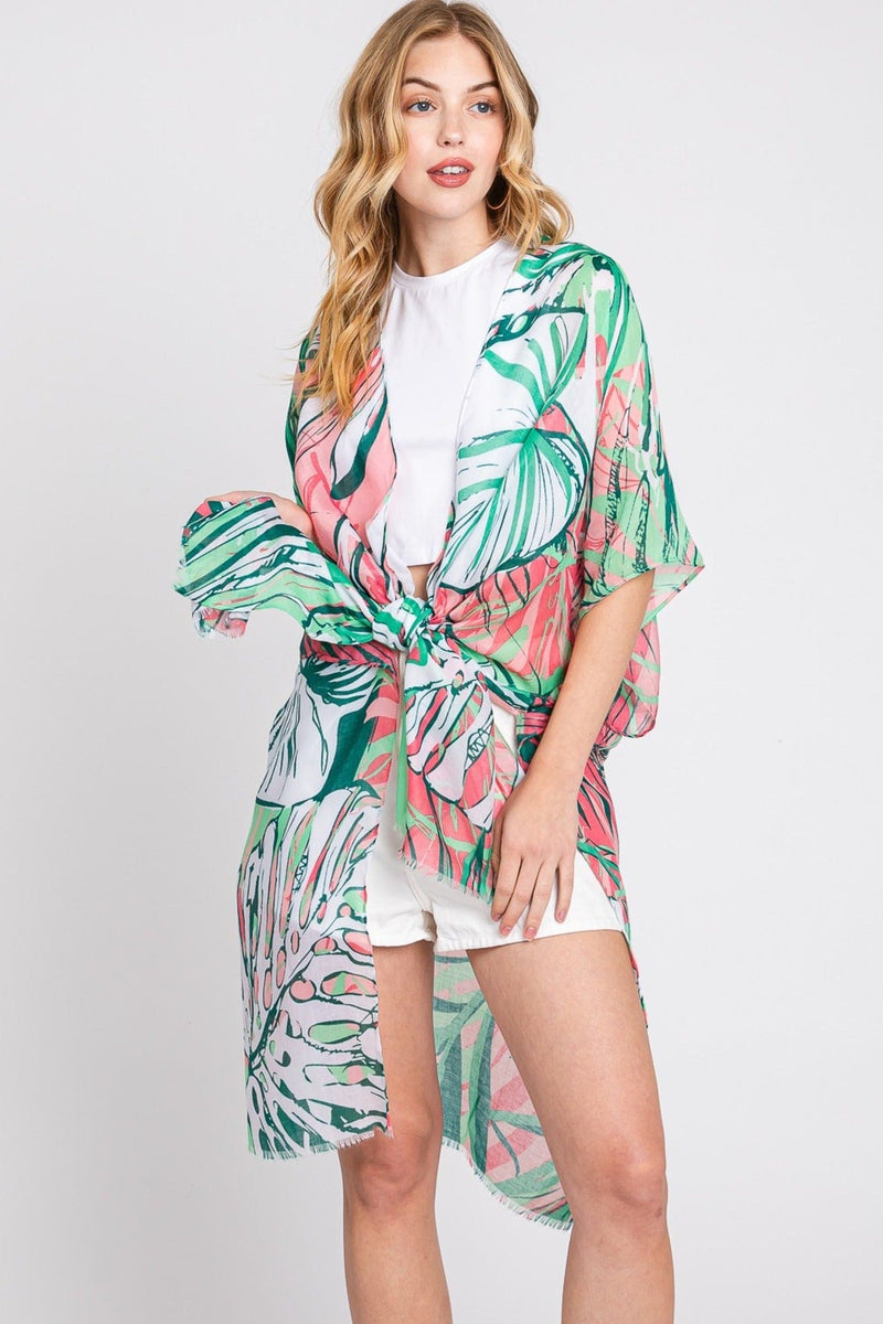 MS0351 Kinsley Tropical Leaves Kimono - MiMi Wholesale