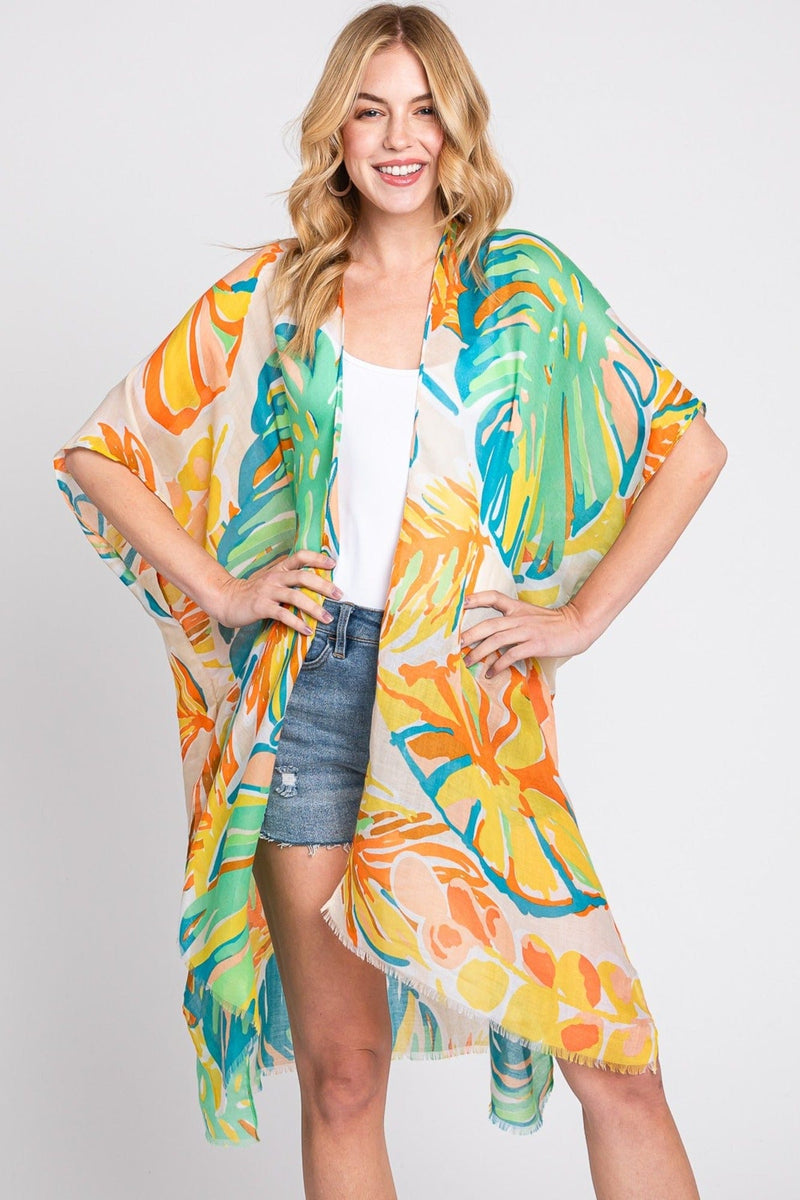 MS0352 Kennedy Tropical Leaves Kimono - MiMi Wholesale