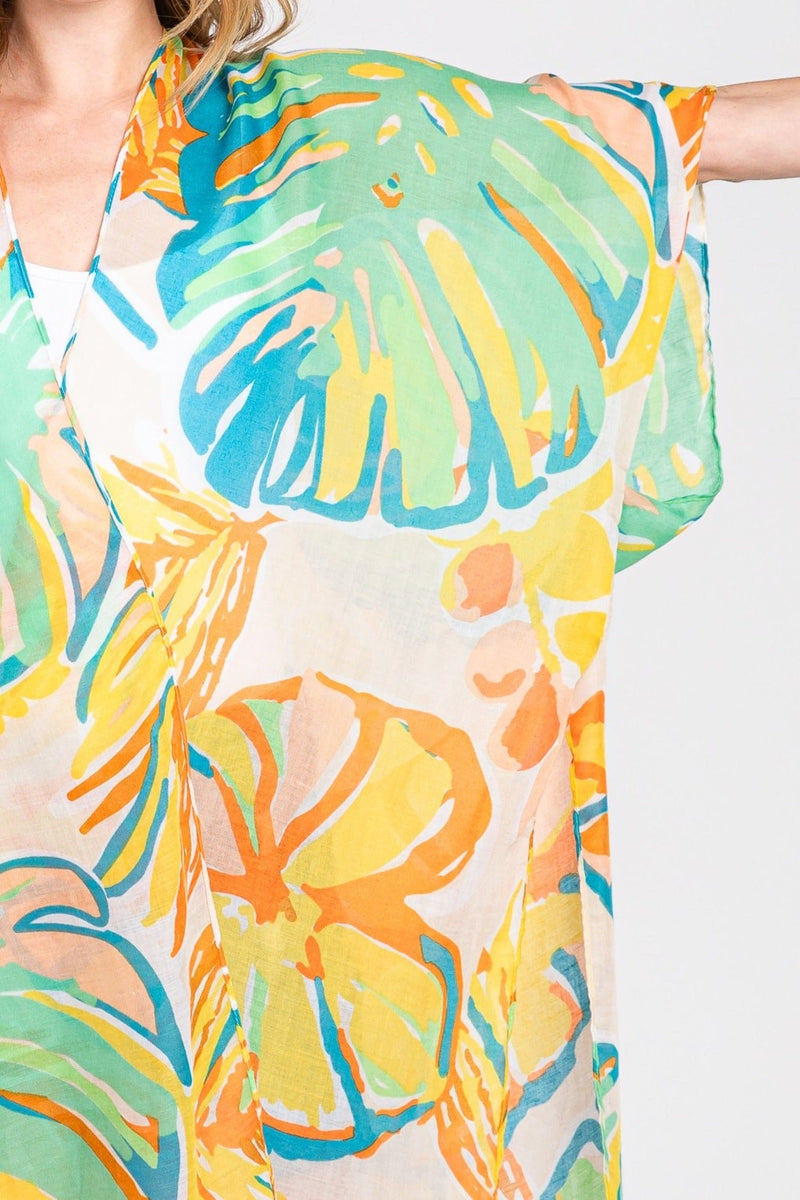 MS0352 Kennedy Tropical Leaves Kimono - MiMi Wholesale