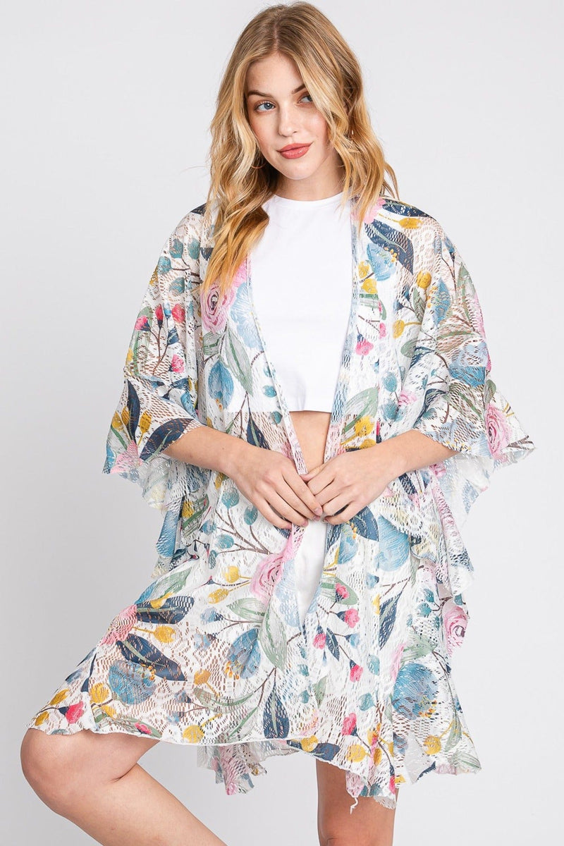 MS0353 Quinn Ruffle Lined Flower Print Crochet Kimono - MiMi Wholesale