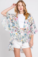 MS0353 Quinn Ruffle Lined Flower Print Crochet Kimono - MiMi Wholesale