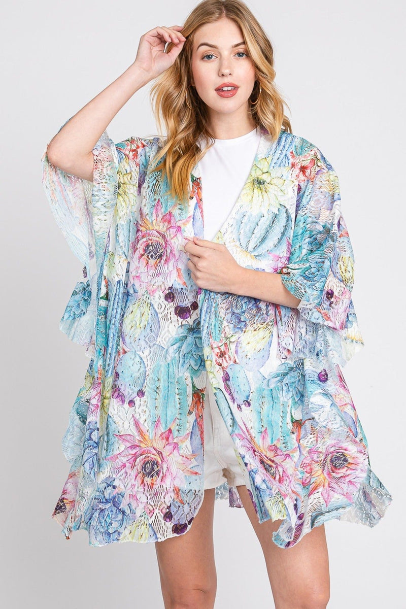 MS0355 Athena Ruffle Lined Cactus Print Crochet Kimono - MiMi Wholesale