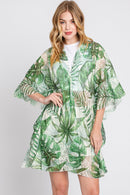MS0356 Ruffle Lined Tropical Leaves Kimono - MiMi Wholesale