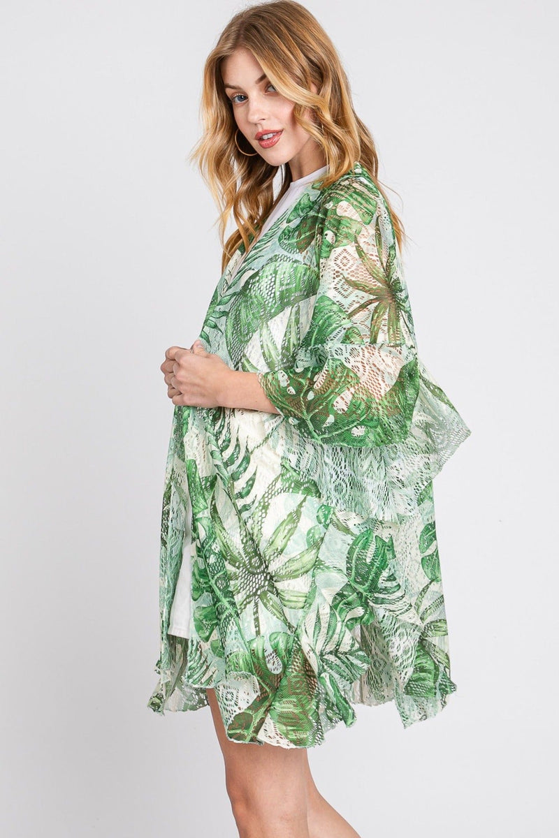 MS0356 Ruffle Lined Tropical Leaves Kimono - MiMi Wholesale