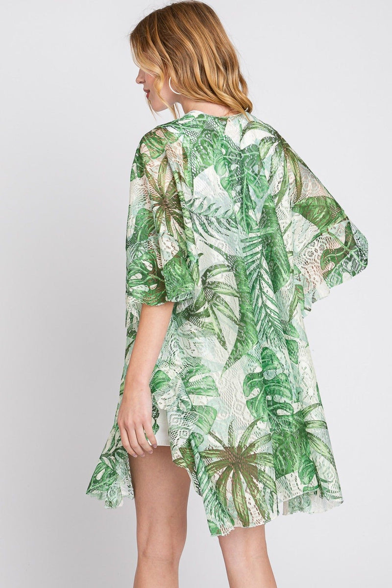 MS0356 Ruffle Lined Tropical Leaves Kimono - MiMi Wholesale