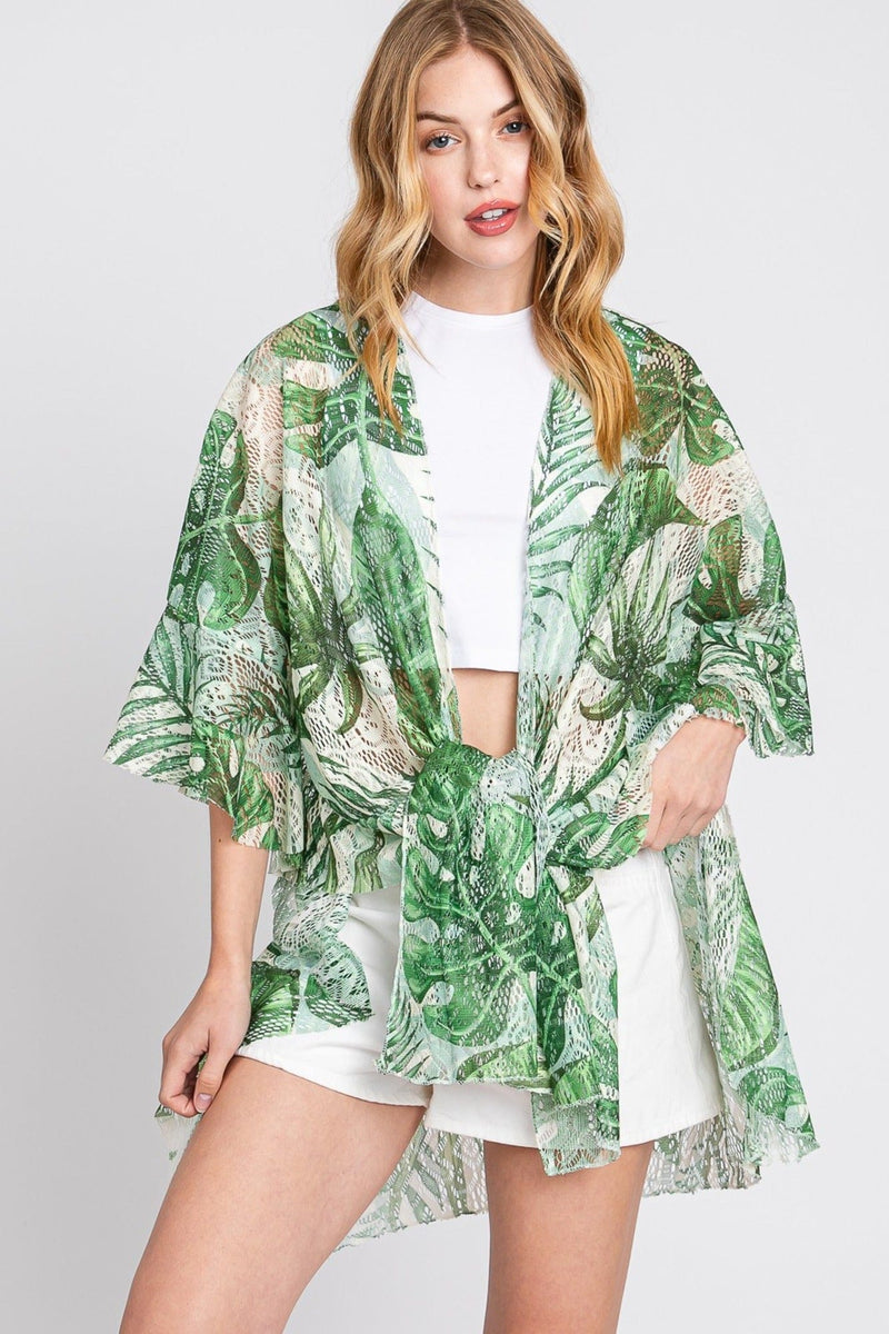 MS0356 Ruffle Lined Tropical Leaves Kimono - MiMi Wholesale