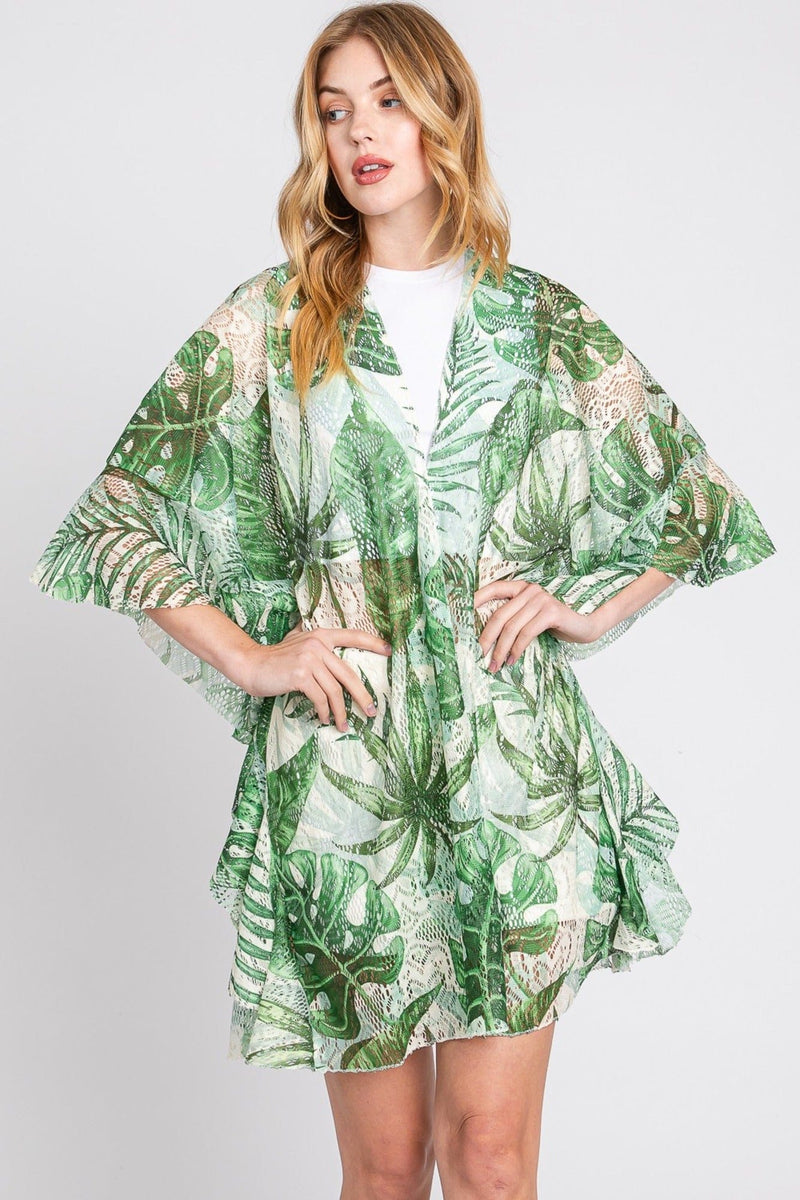 MS0356 Ruffle Lined Tropical Leaves Kimono - MiMi Wholesale