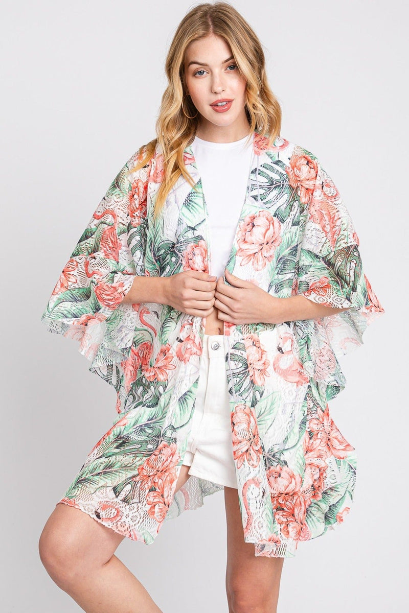 MS0358 Jade Ruffle Lined Tropical Leaves Kimono - MiMi Wholesale