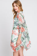 MS0358 Jade Ruffle Lined Tropical Leaves Kimono - MiMi Wholesale