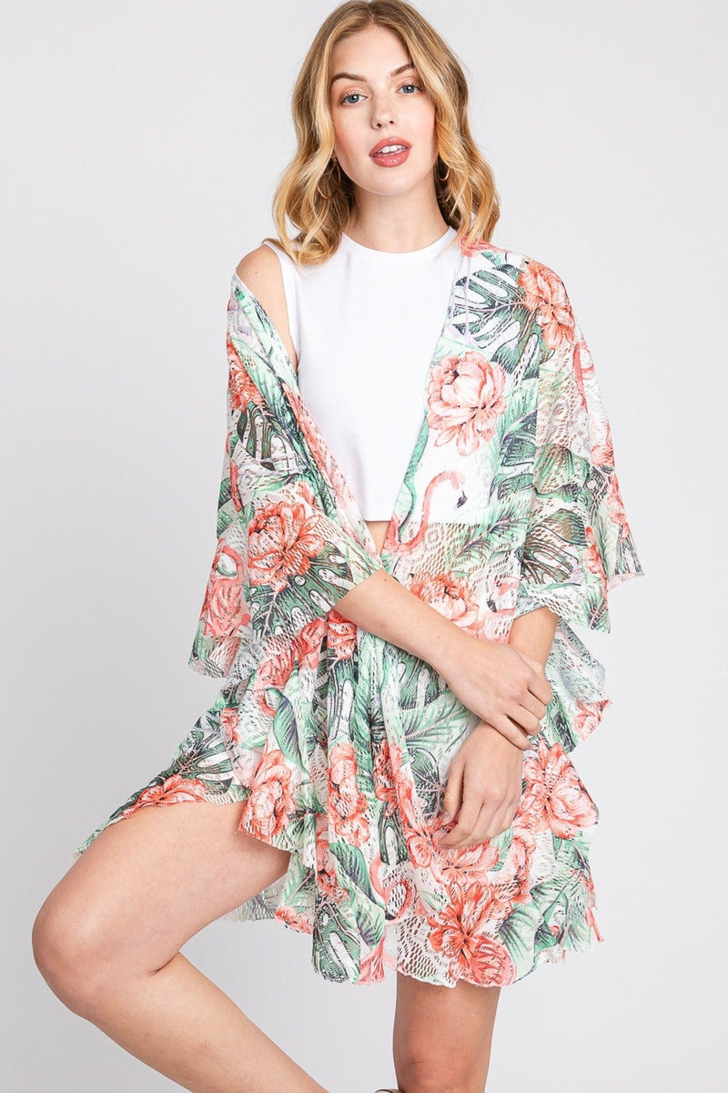 MS0358 Jade Ruffle Lined Tropical Leaves Kimono - MiMi Wholesale