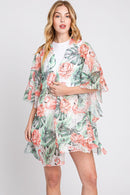 MS0358 Jade Ruffle Lined Tropical Leaves Kimono - MiMi Wholesale