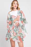 MS0358 Jade Ruffle Lined Tropical Leaves Kimono - MiMi Wholesale