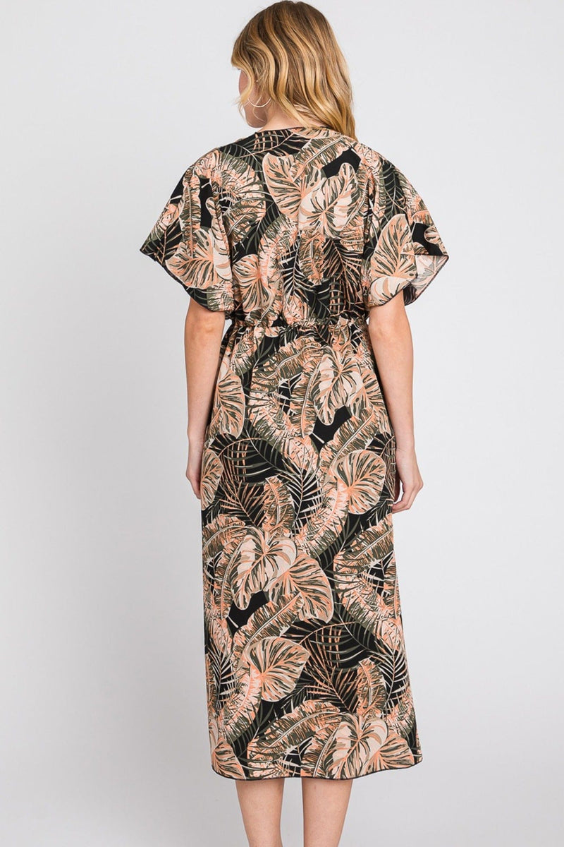MS0359 Eloise Tropical Leaves Drawstring Long Kimono - MiMi Wholesale