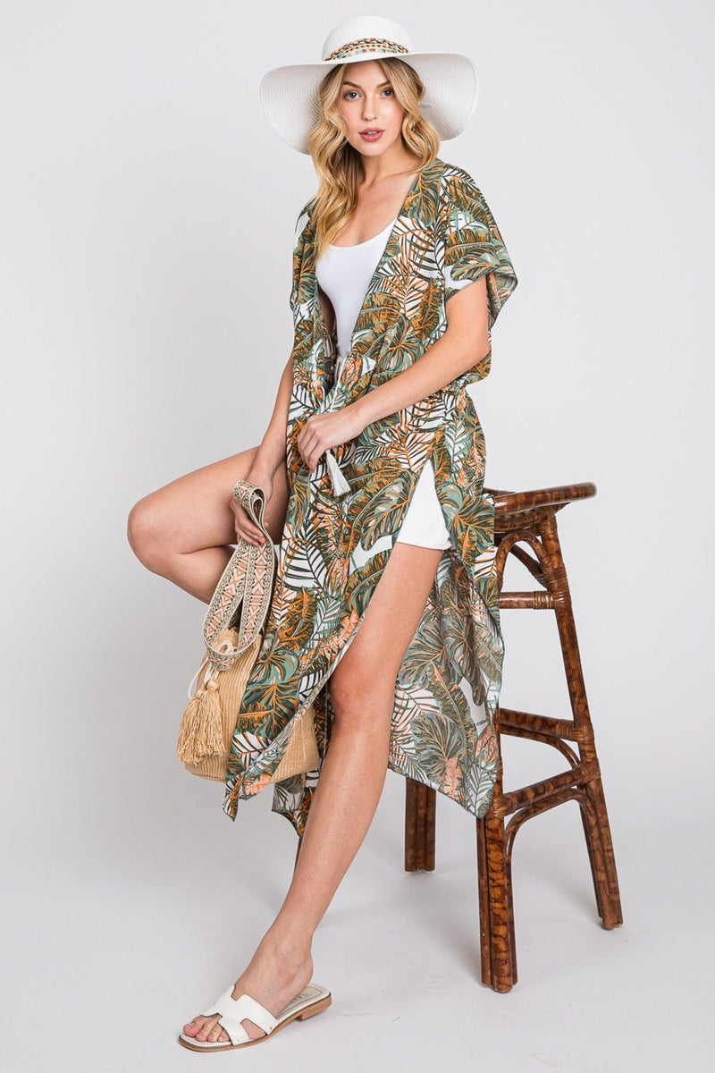 MS0359 Eloise Tropical Leaves Drawstring Long Kimono - MiMi Wholesale