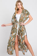 MS0359 Eloise Tropical Leaves Drawstring Long Kimono - MiMi Wholesale