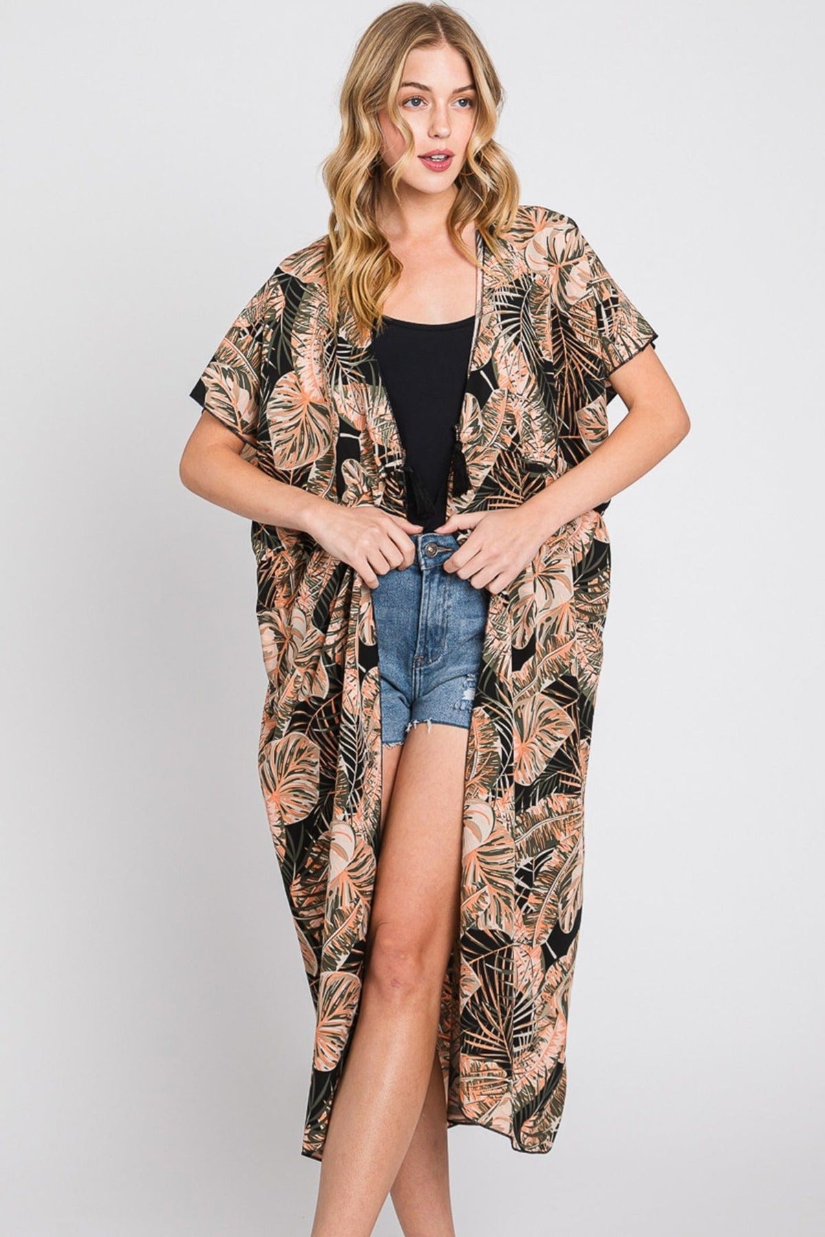 MS0359 Eloise Tropical Leaves Drawstring Long Kimono - MiMi Wholesale