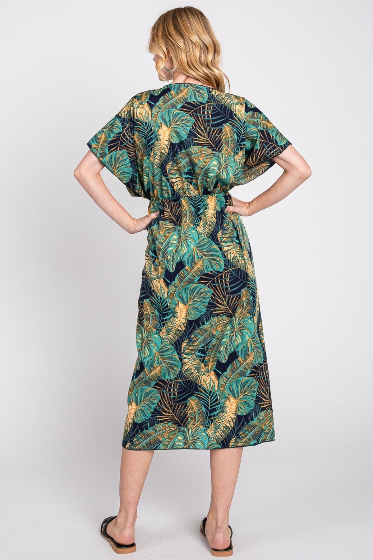 MS0359 Eloise Tropical Leaves Drawstring Long Kimono - MiMi Wholesale