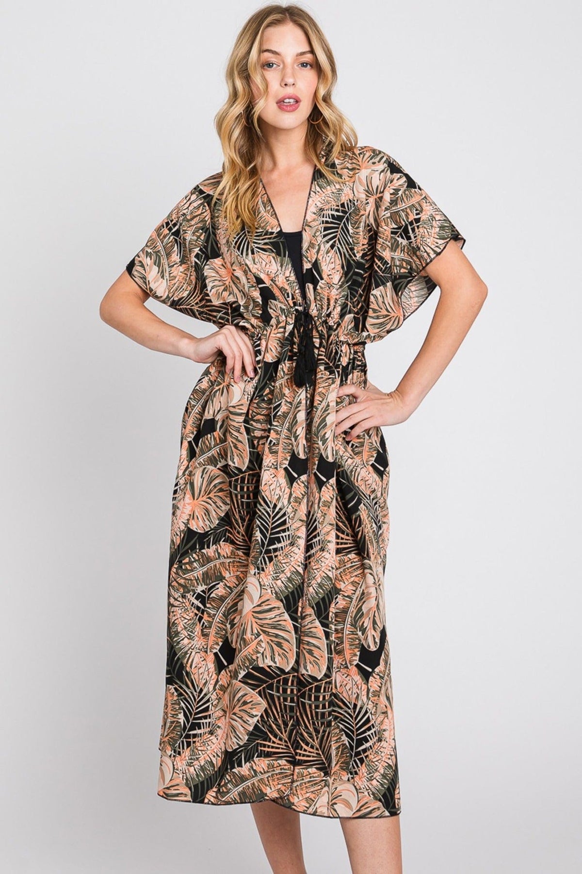 MS0359 Eloise Tropical Leaves Drawstring Long Kimono - MiMi Wholesale