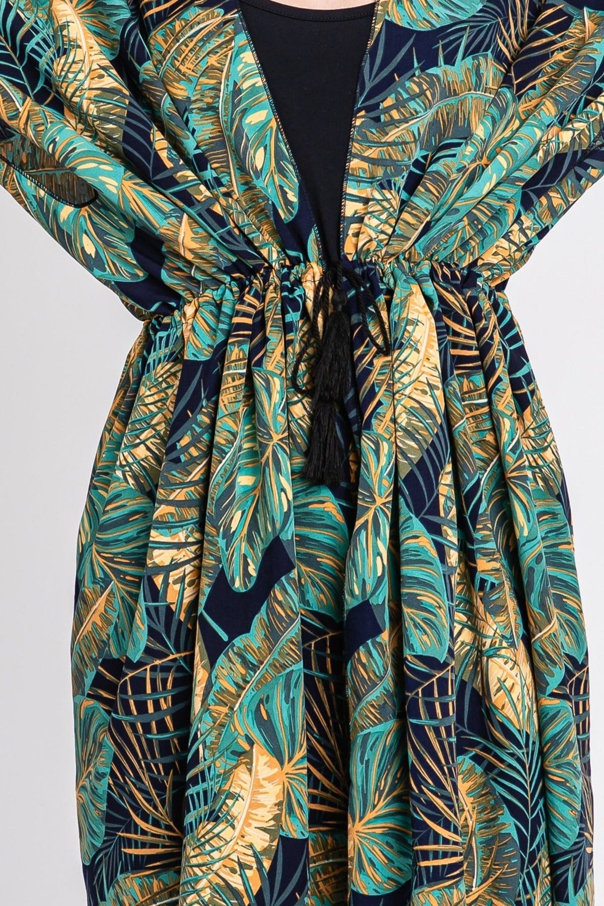 MS0359 Eloise Tropical Leaves Drawstring Long Kimono - MiMi Wholesale