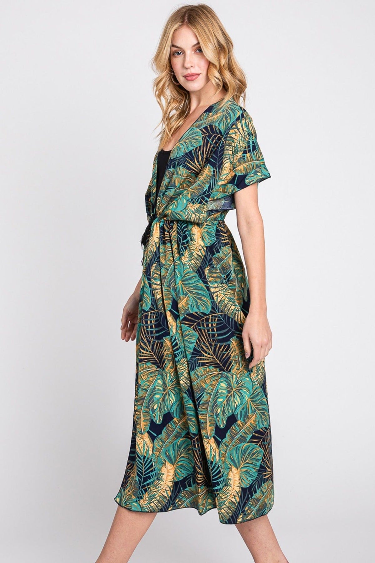 MS0359 Eloise Tropical Leaves Drawstring Long Kimono - MiMi Wholesale