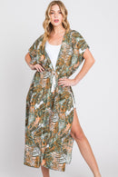 MS0359 Eloise Tropical Leaves Drawstring Long Kimono - MiMi Wholesale