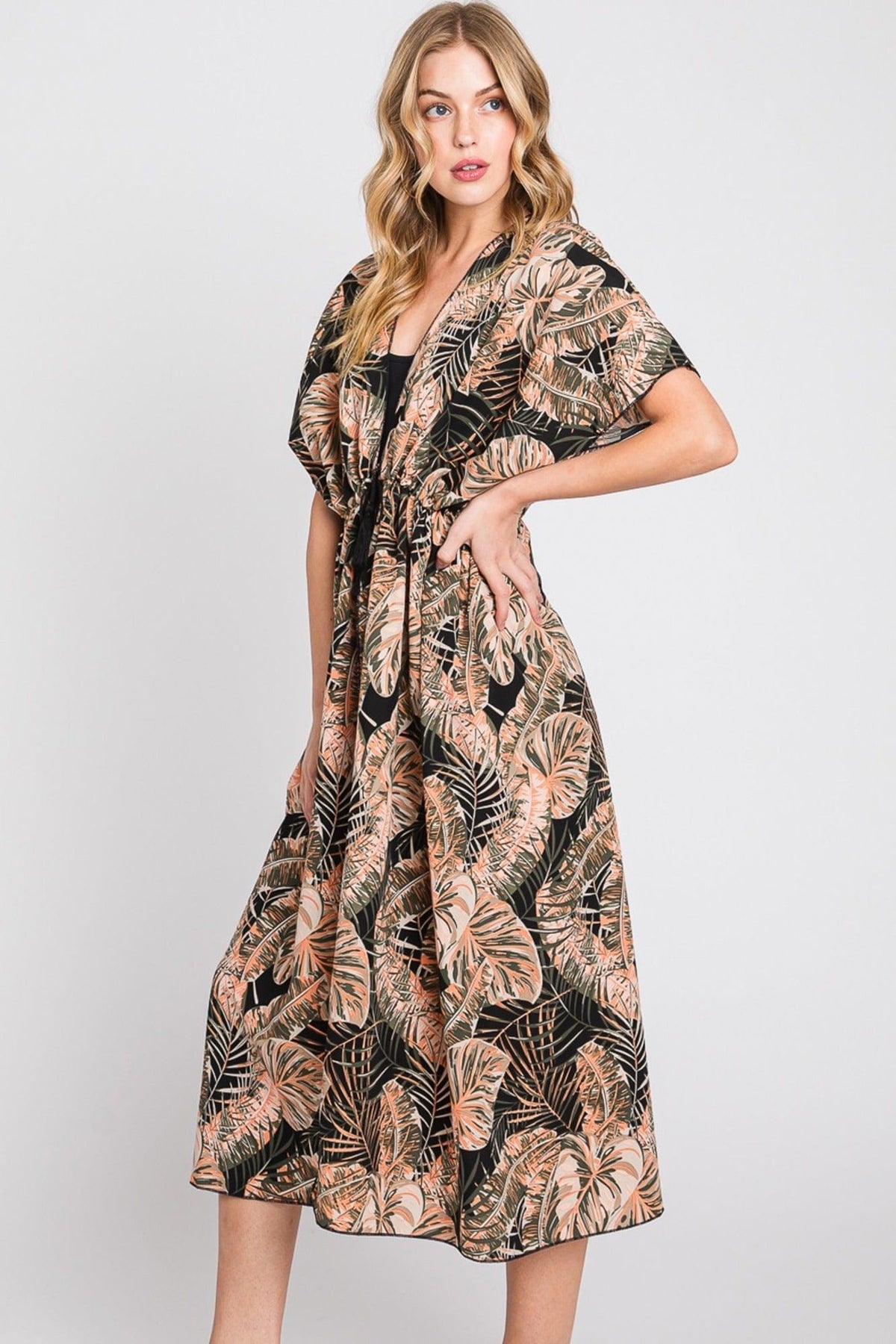 MS0359 Eloise Tropical Leaves Drawstring Long Kimono - MiMi Wholesale