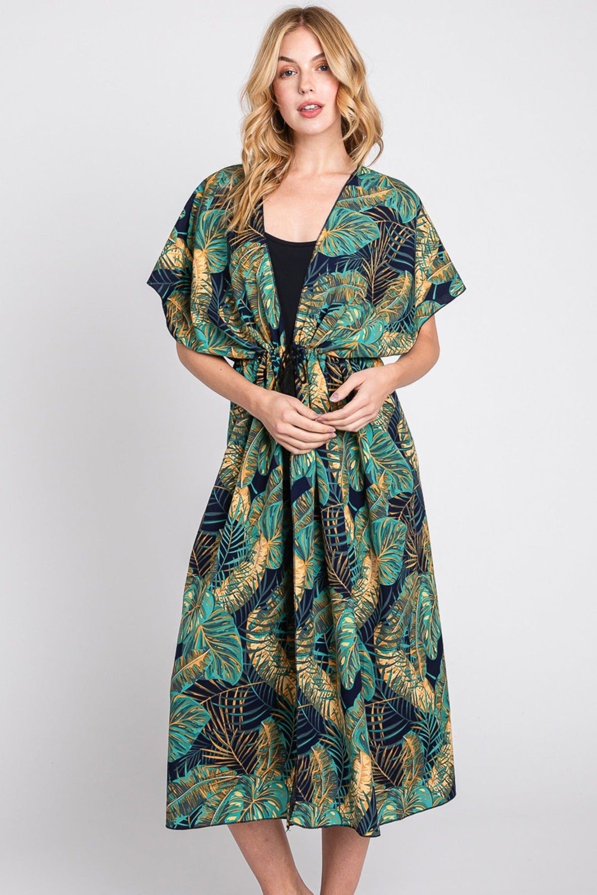 MS0359 Eloise Tropical Leaves Drawstring Long Kimono - MiMi Wholesale