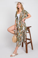 MS0359 Eloise Tropical Leaves Drawstring Long Kimono - MiMi Wholesale