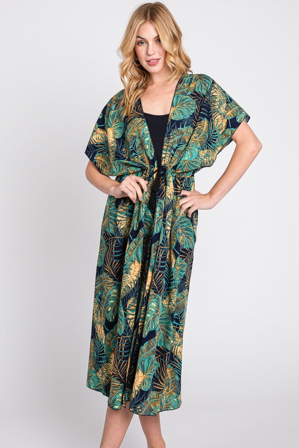MS0359 Eloise Tropical Leaves Drawstring Long Kimono - MiMi Wholesale