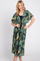 MS0359 Eloise Tropical Leaves Drawstring Long Kimono - MiMi Wholesale