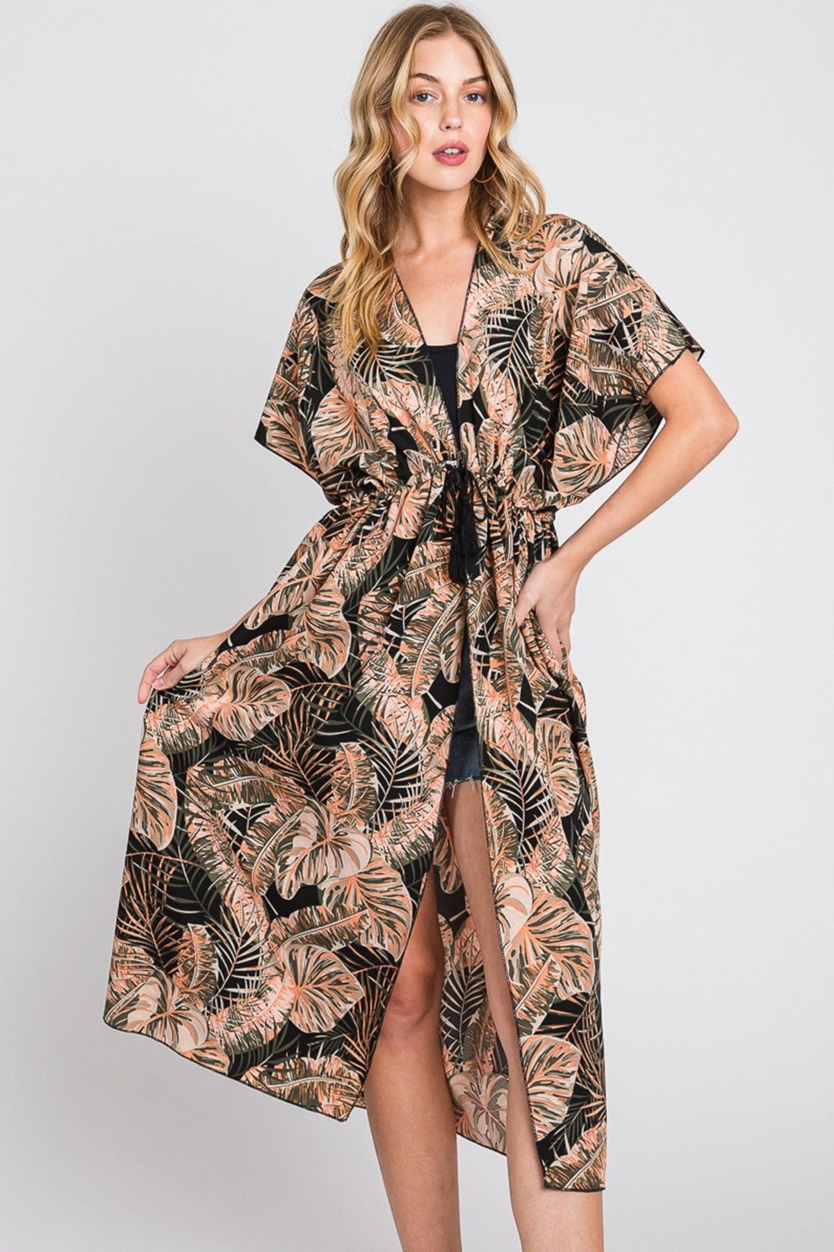 MS0359 Eloise Tropical Leaves Drawstring Long Kimono - MiMi Wholesale