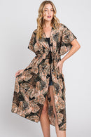MS0359 Eloise Tropical Leaves Drawstring Long Kimono - MiMi Wholesale
