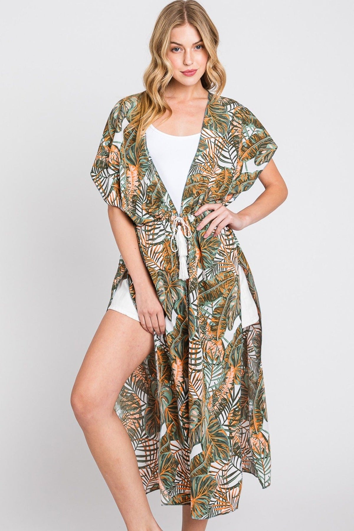 MS0359 Eloise Tropical Leaves Drawstring Long Kimono - MiMi Wholesale