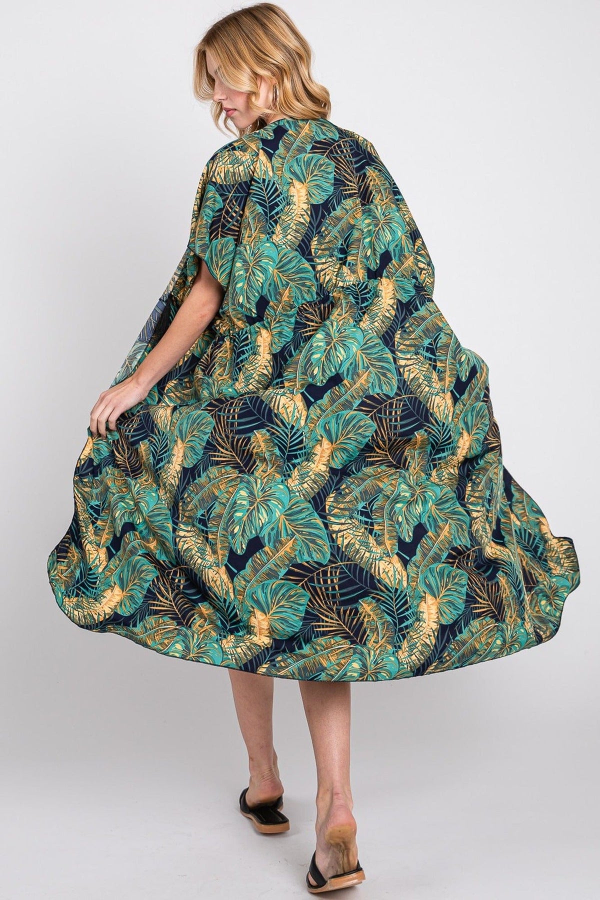 MS0359 Eloise Tropical Leaves Drawstring Long Kimono - MiMi Wholesale