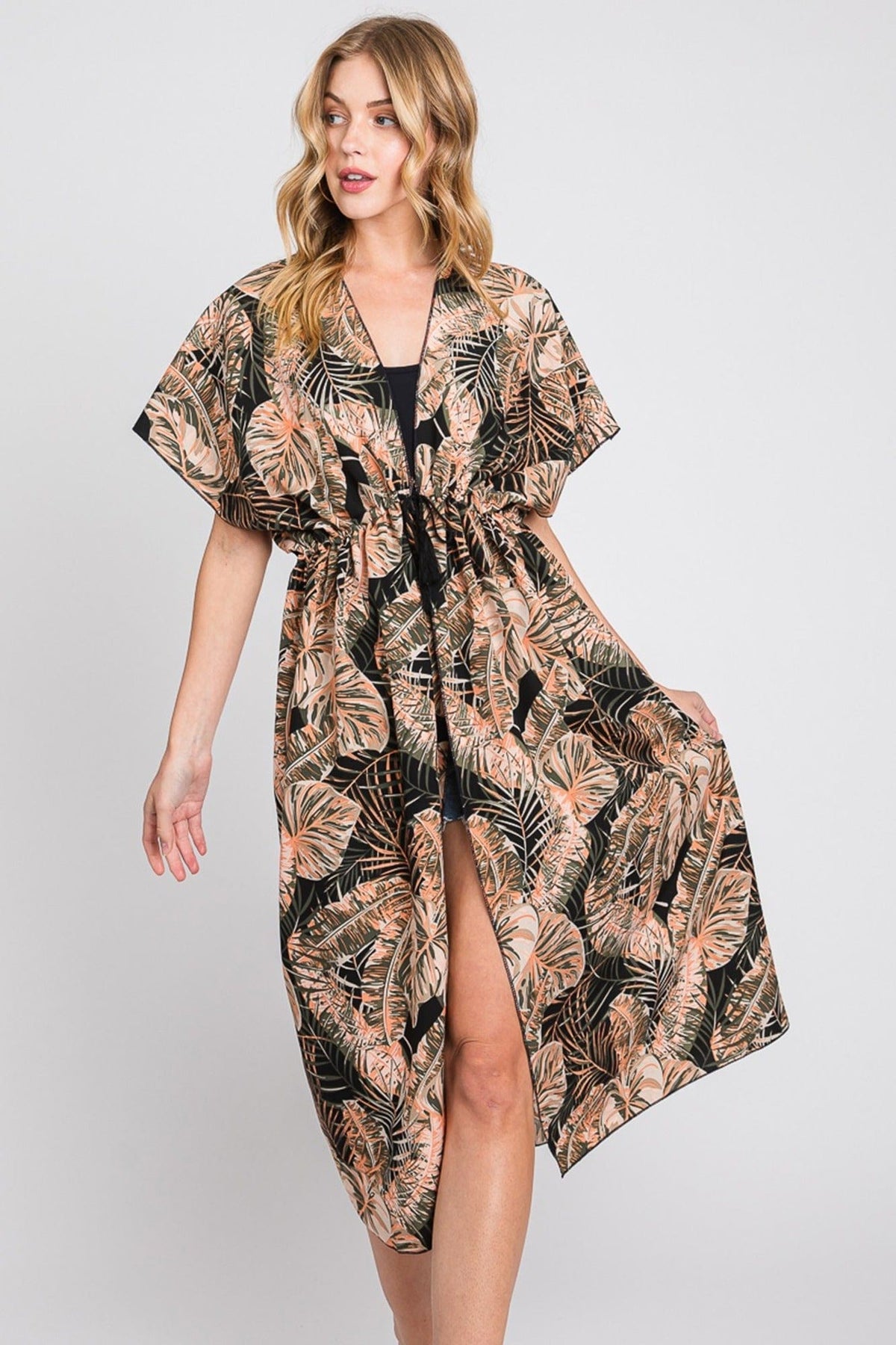 MS0359 Eloise Tropical Leaves Drawstring Long Kimono - MiMi Wholesale