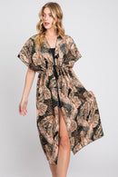 MS0359 Eloise Tropical Leaves Drawstring Long Kimono - MiMi Wholesale