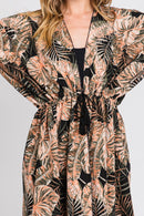 MS0359 Eloise Tropical Leaves Drawstring Long Kimono - MiMi Wholesale
