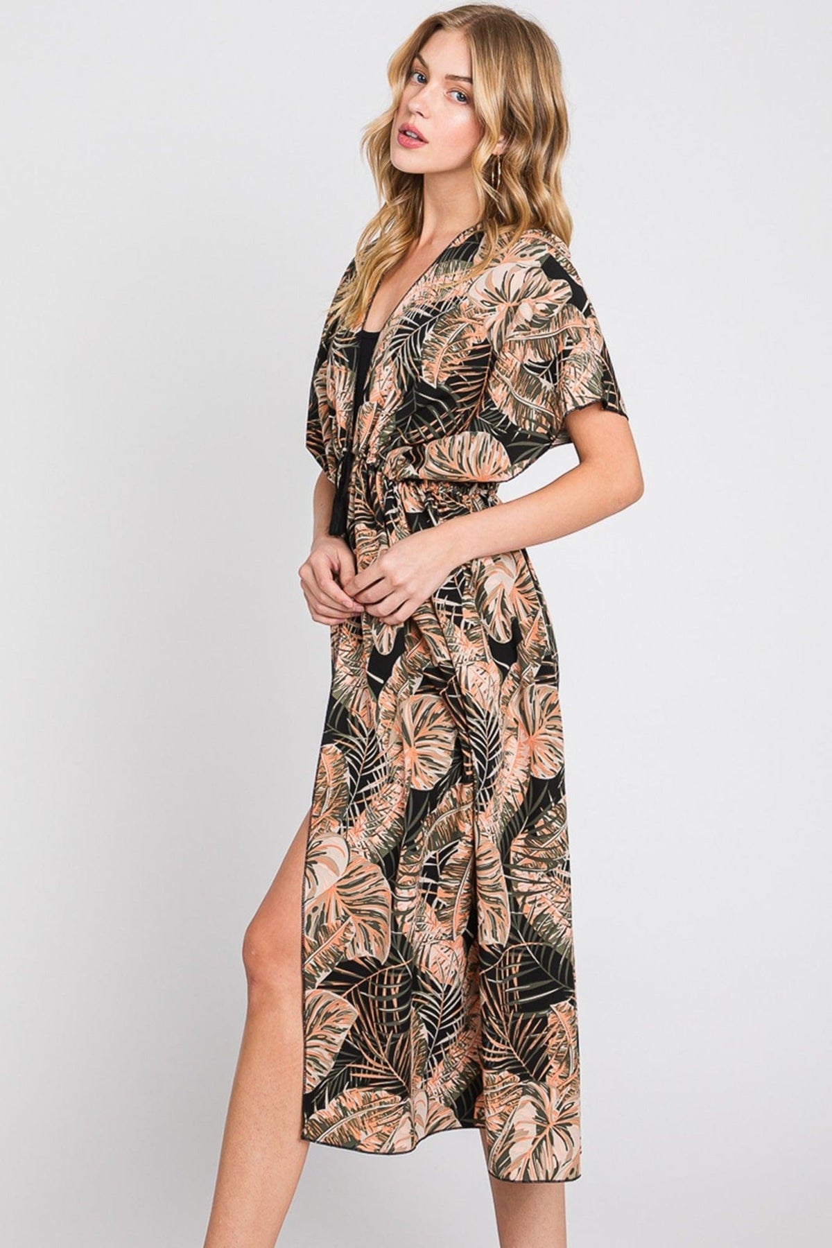 MS0359 Eloise Tropical Leaves Drawstring Long Kimono - MiMi Wholesale