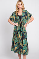 MS0359 Eloise Tropical Leaves Drawstring Long Kimono - MiMi Wholesale