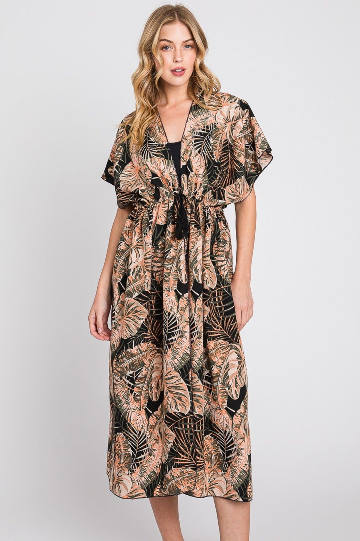 MS0359 Eloise Tropical Leaves Drawstring Long Kimono - MiMi Wholesale