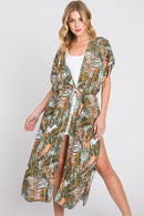 MS0359 Eloise Tropical Leaves Drawstring Long Kimono - MiMi Wholesale