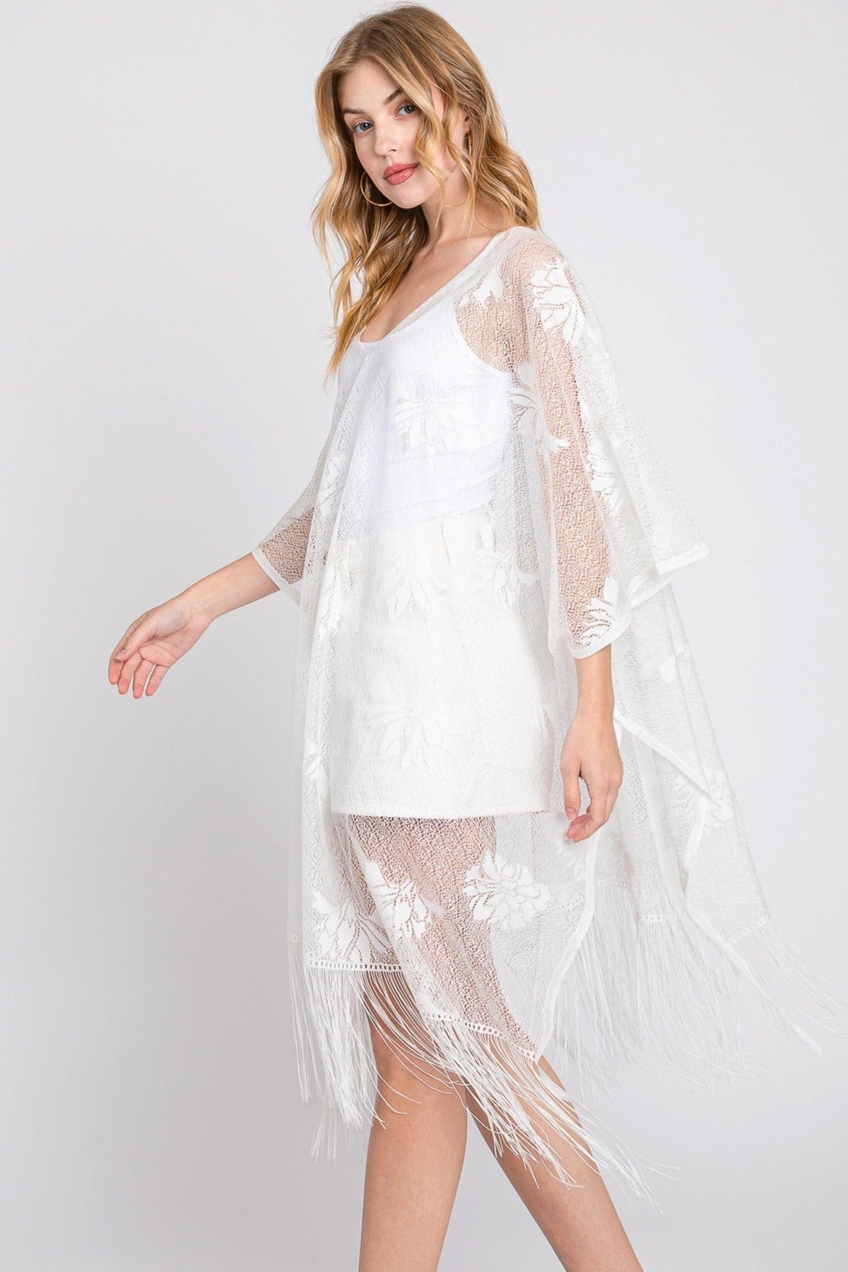 MS0362 Iris Floral Lace Poncho With Tassel