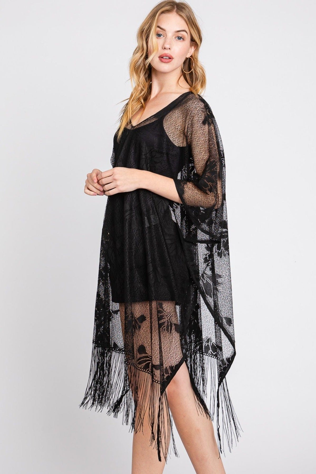MS0362 Iris Floral Lace Poncho With Tassel - MiMi Wholesale