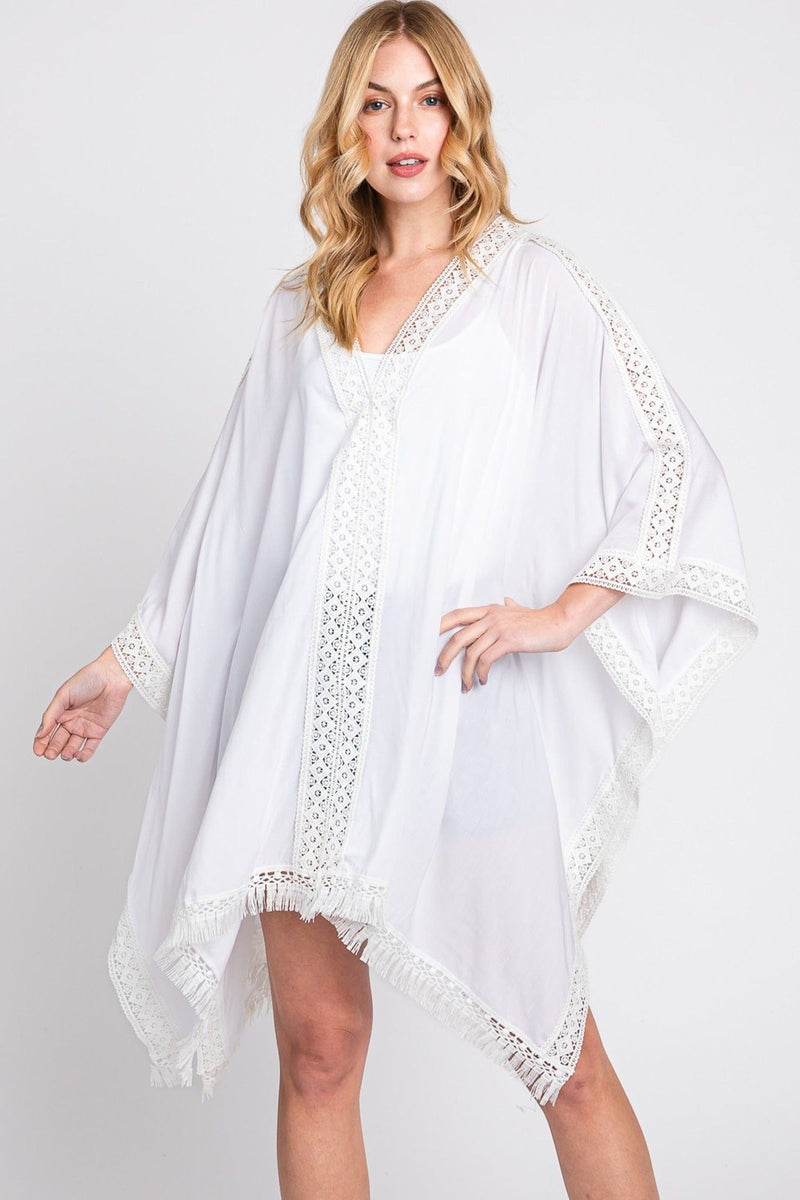 MS0363 Gabriella Aztec Lace Trim Poncho With Tassel - MiMi Wholesale