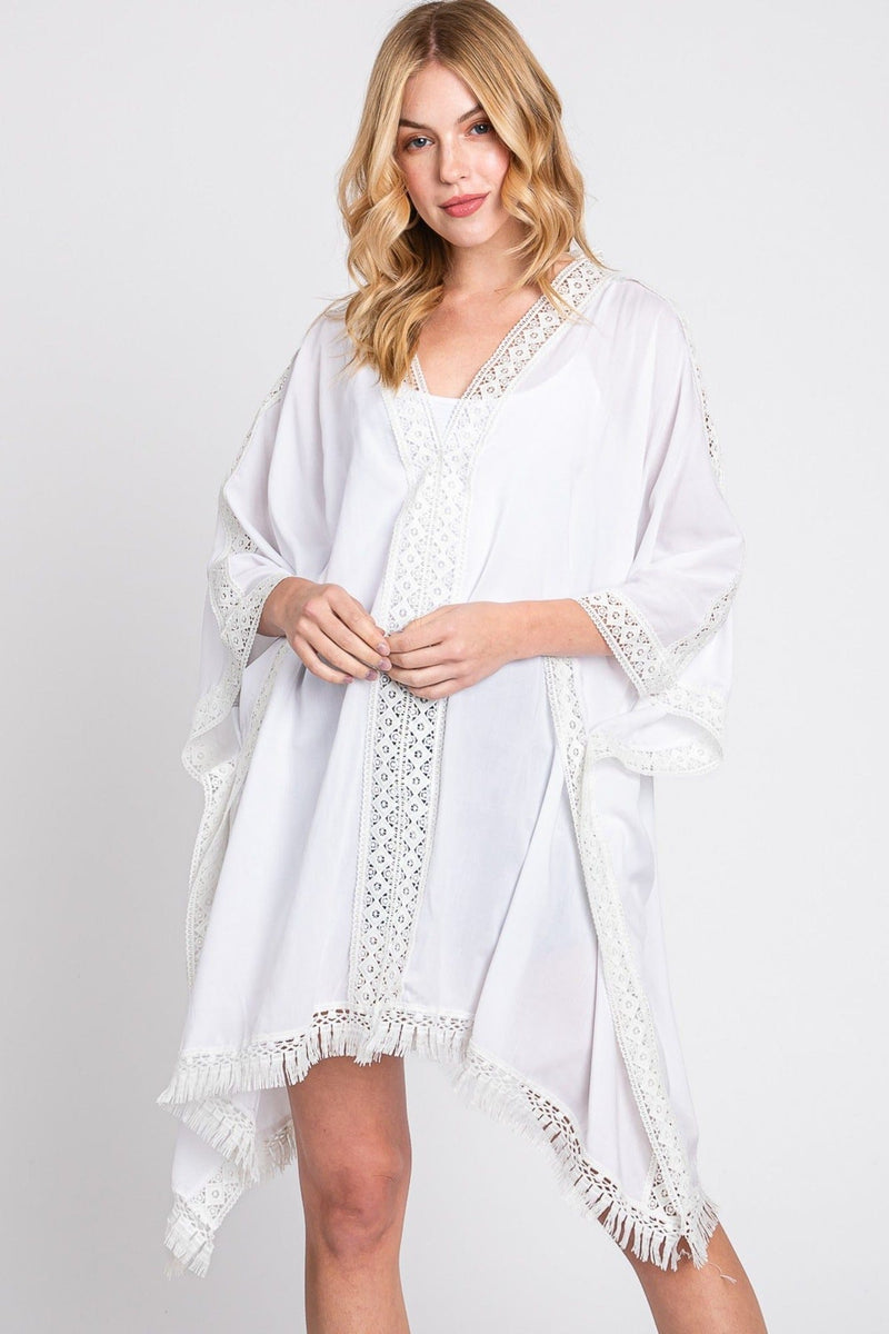 MS0363 Gabriella Aztec Lace Trim Poncho With Tassel - MiMi Wholesale