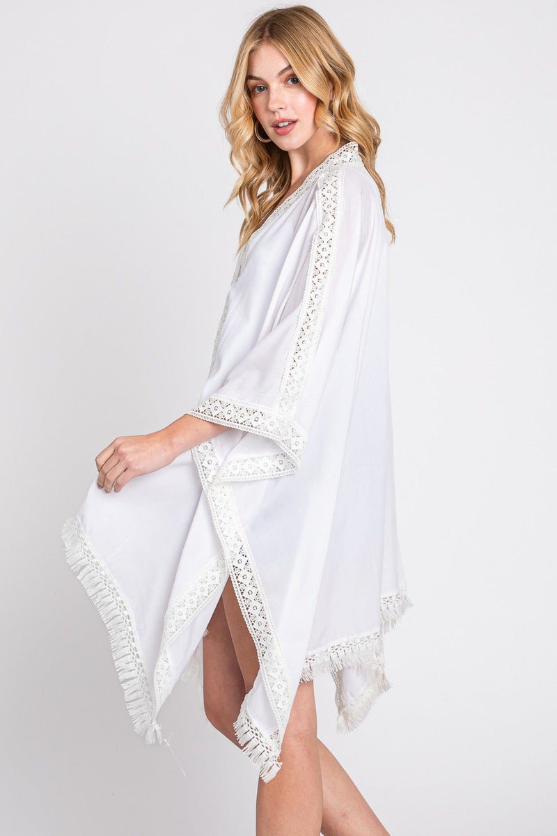 MS0363 Gabriella Aztec Lace Trim Poncho With Tassel - MiMi Wholesale