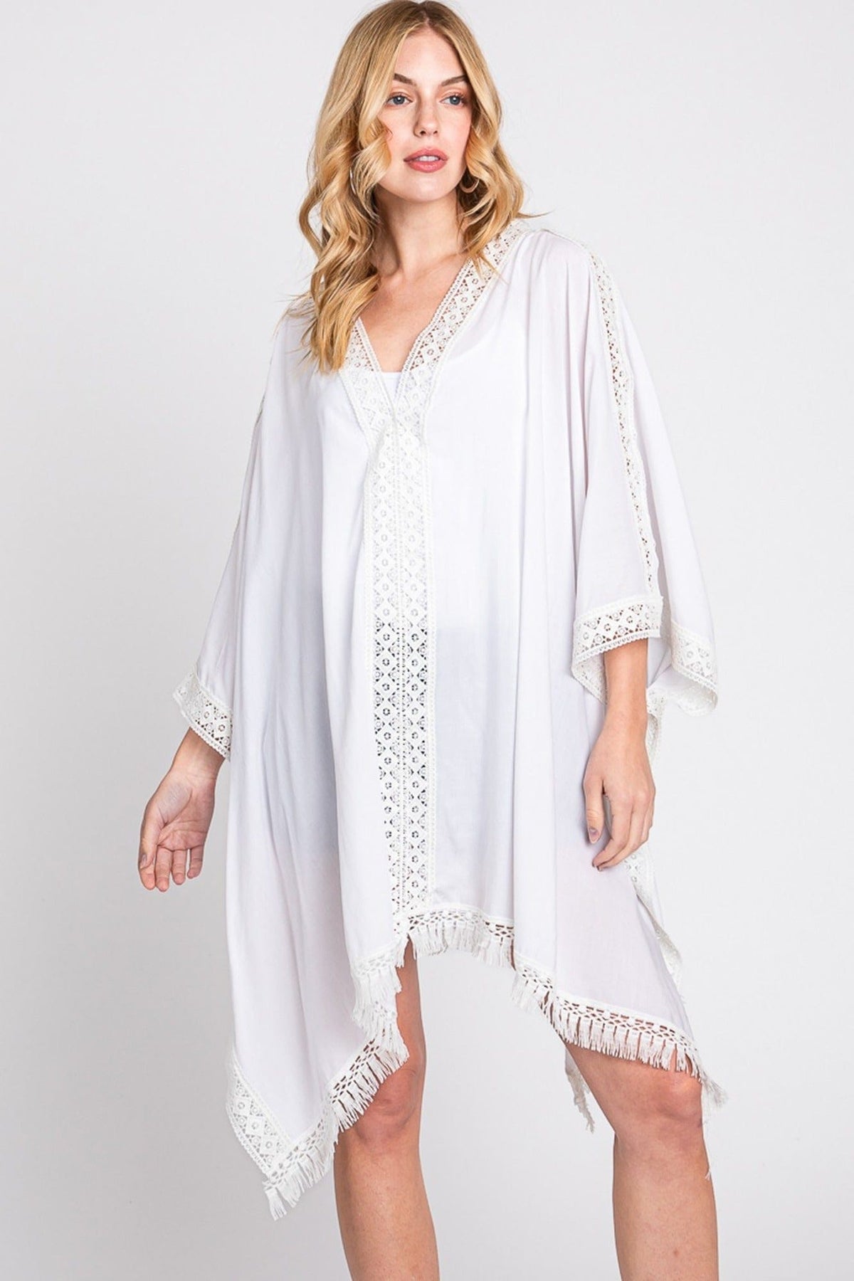 MS0363 Gabriella Aztec Lace Trim Poncho With Tassel - MiMi Wholesale