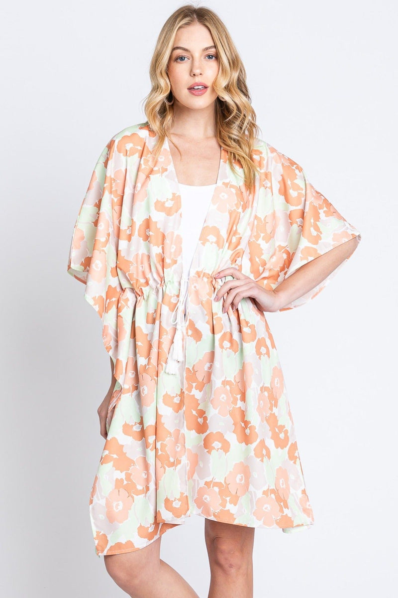 MS0365 Serenity Flower Print Drawstring Kimono - MiMi Wholesale